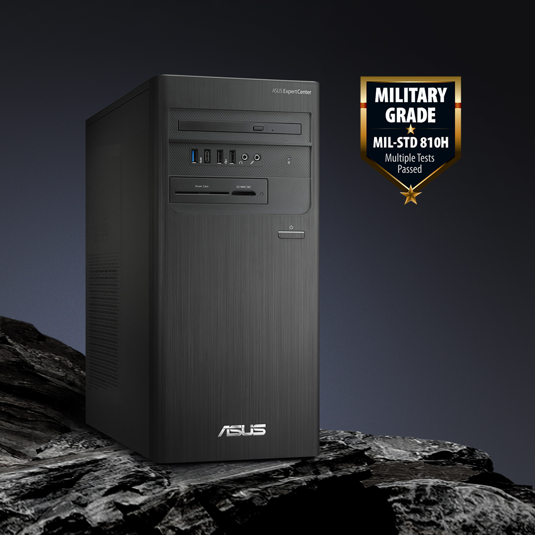 An ASUS ExpertCenter desktop put on the solid ground with a US military-grade MIL-STD-810H multiple tests passed badge next to it on the image