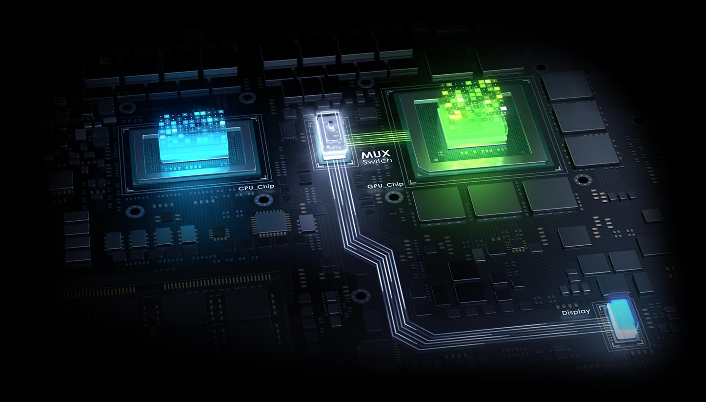 The image shows the Mux Switch, Nvidia GPU and Intel GPU on circuit board