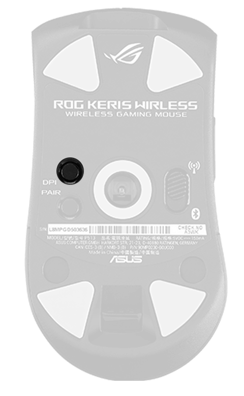 Underside view of ROG Keris Wireless bottom to show the DPI button