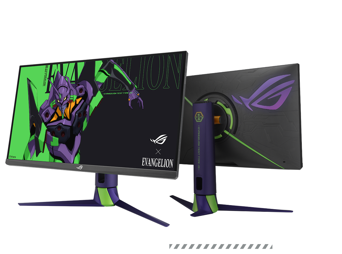 Le ROG Strix XG27AQM EVA EDITION vu de l'avant et de l'arrière