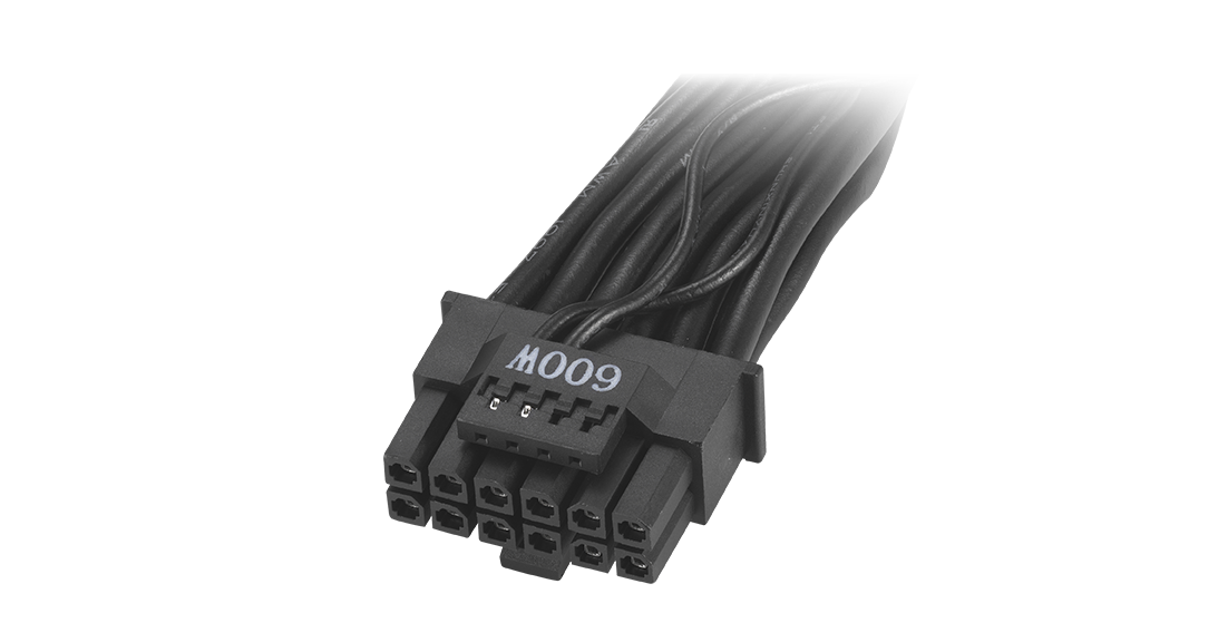 Foto de um cabo PCIe Gen 5.0 de 12 pinos.