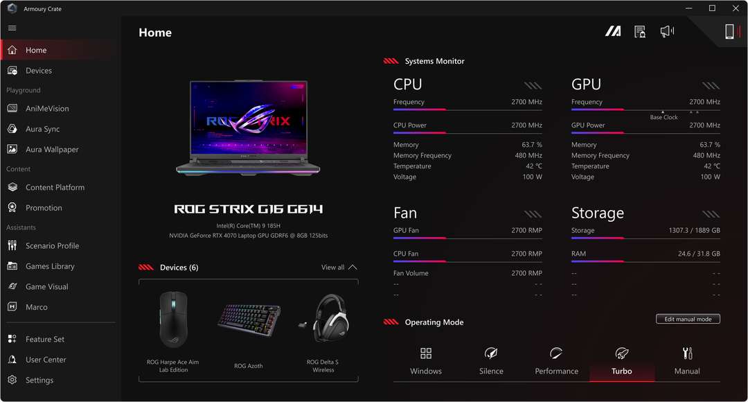 Потребителският интерфейс показва режим Turbo в Armoury Crate.