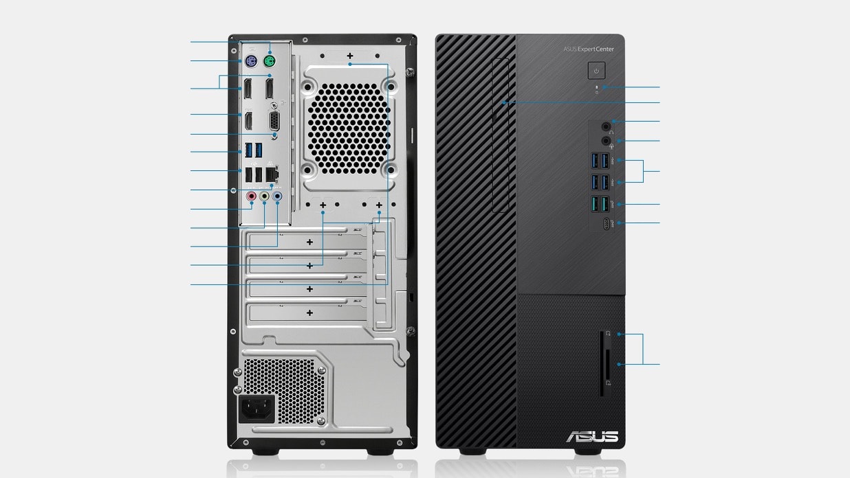 The front of two ExpertCenter D9 Mini Tower computers, showing the front and the rear. I/O ports presented from top to bottom, left to right. On the rear end, there are: optional parallel port, PS/2 mouse port, PS/2 keyboard port, two DisplayPorts, HDMI port, VGA port, two USB 3.2 Gen 1 ports, two USB 2.0 ports, LAN (RJ-45) port, microphone port, line out port, line-in port, and two optional serial ports. On the front side, there are: hard disk drive indicator, optional optical disk driver bay, headphone port, audio combo jack, four USB 3.2 Gen 1 ports, two USB 3.2 Gen 2 ports, USB-C port, optional smart card reader and SD card reader. 