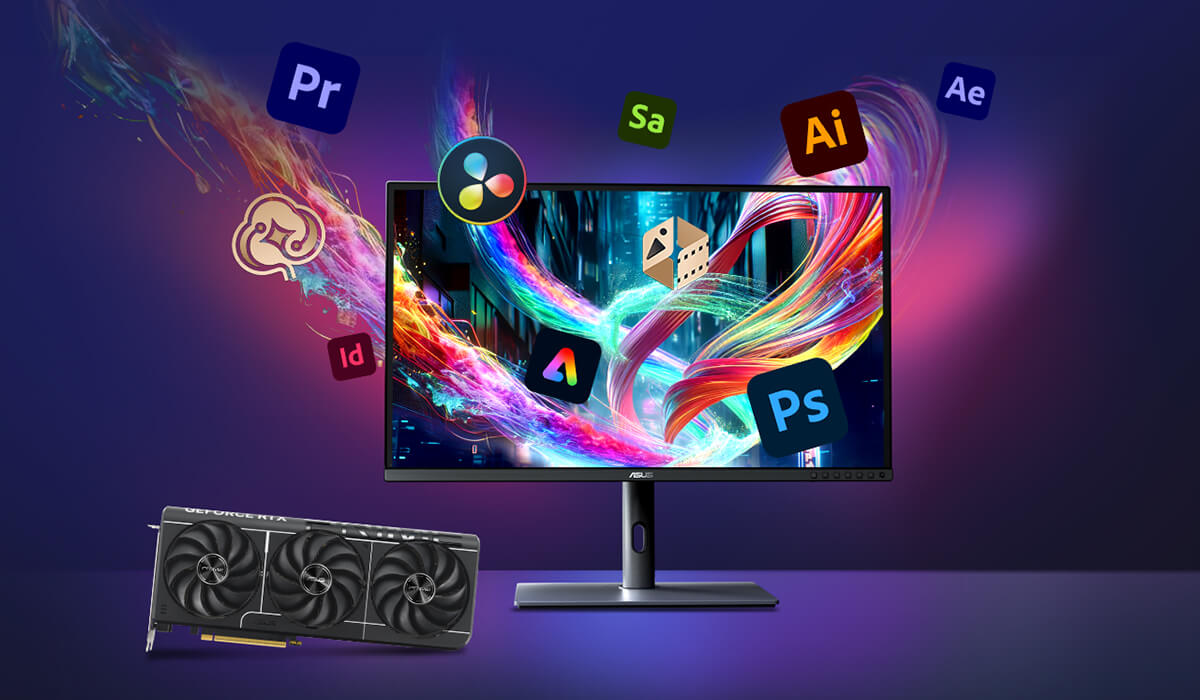 Monitor on a desk, with Adobe product logos floating around the monitor