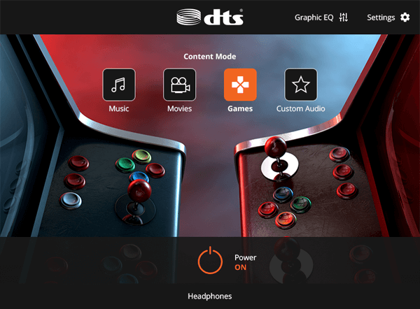 Používateľské rozhranie herného režimu DTS Audio Processing.