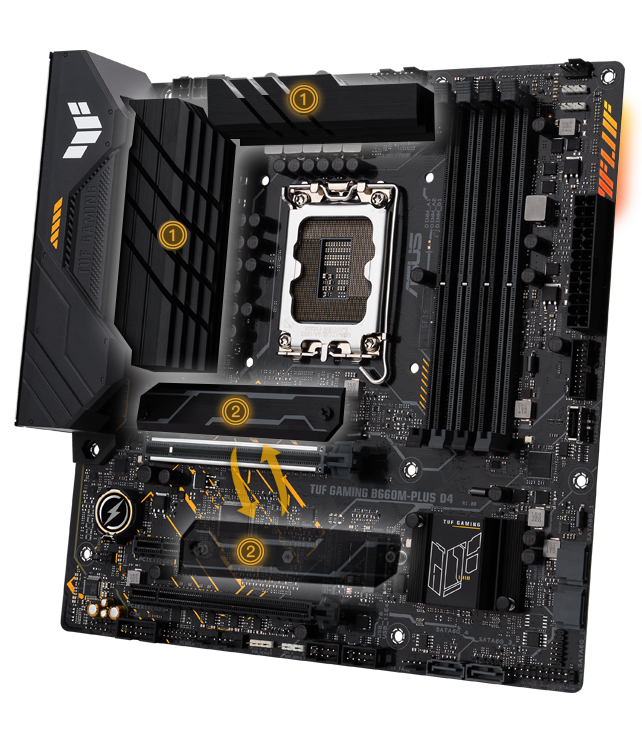 TUF GAMING B660M-PLUS D4 features an expanded VRM heatsink and thermal pad, and three M.2 slots with heatsinks. 
