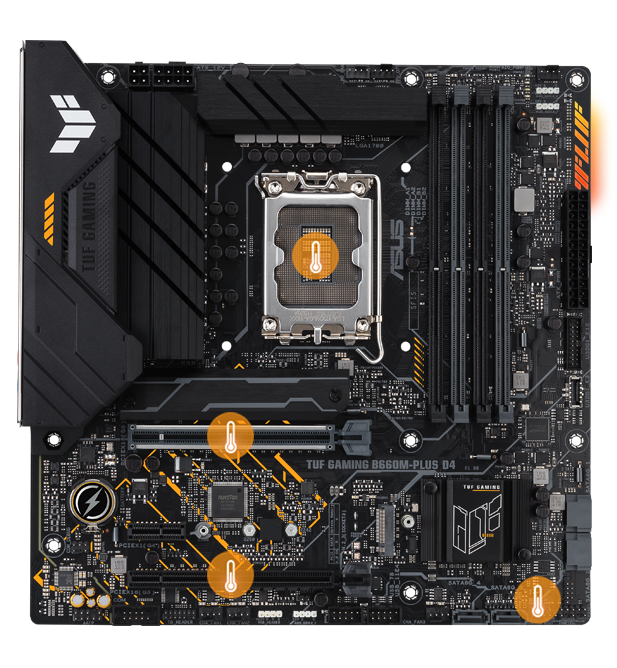 De TUF GAMING B660M-PLUS D4 is voorzien van meerdere temperatuurbronnen.