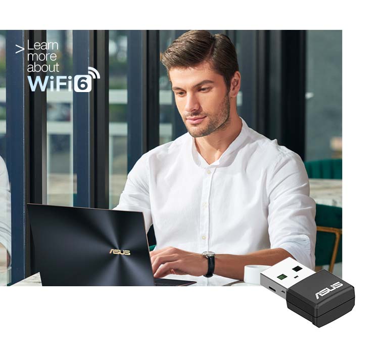 Mit dem USB-AX55 Nano USB-Adapter können Sie Ihren Laptop oder PC per Plug-and-Play auf WiFi 6 aufrüsten.