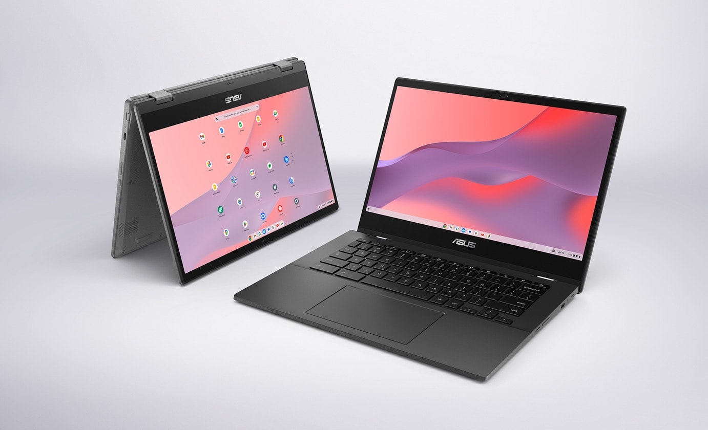 Na obrázku sú dva notebooky ASUS Chromebook CM14 Flip. Vľavo je obrazovka v režime stanu. Vpravo je zobrazená obrazovka a klávesnica v režime notebooku. 