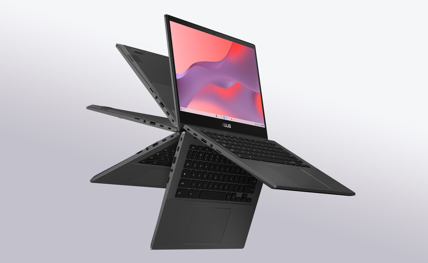 Šikmý pohľad spredu na notebook ASUS Chromebook CM14 Flip, ktorý ukazuje klávesnicu v piatich rôznych uhloch. 