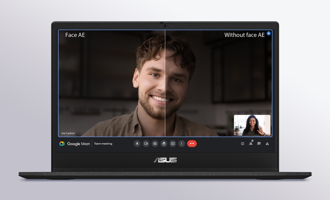 A front-on view of an ASUS Chromebook CM14 Flip with a man and a woman video calling on Google Meet onscreen which the image of the man is divided into two. The right one is without face AE shows darker face image, the left one is with face AE shows lighter face image in the dark environment. 