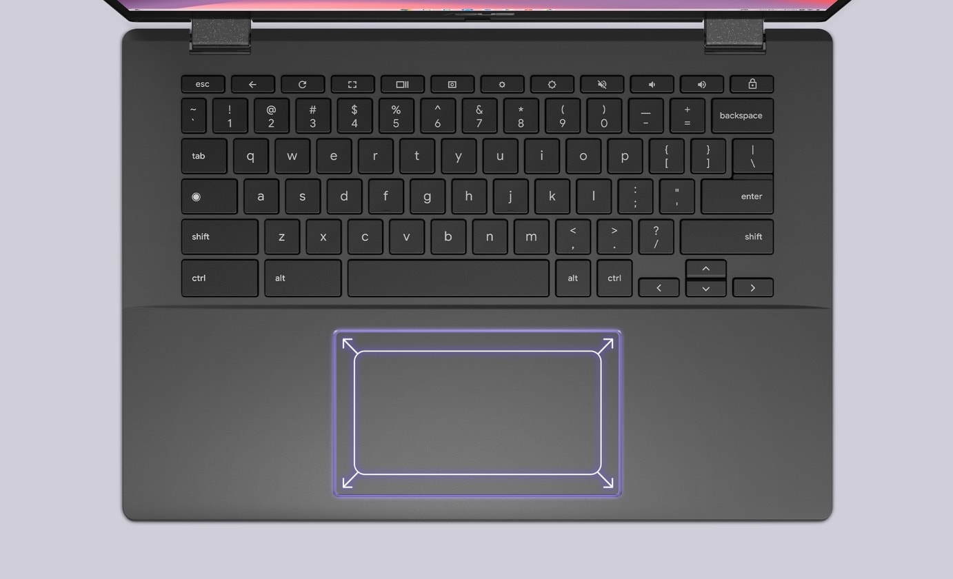 Ylhäältäpäin kuvattu ASUS Chromebook CM14 Flipin näppäimistö. Kosketuslevyn jokaisessa nurkassa on ulospäin osoittava nuoli merkiksi levyn aiempaa suuremmasta koosta. 