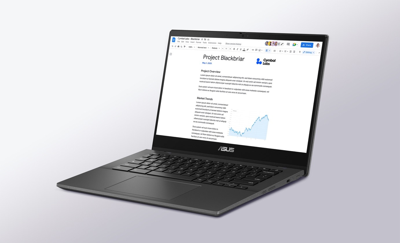 Úhlový pohled zepředu na ASUS Chromebook CM14 Flip v režimu notebooku s aplikací Google Doc na obrazovce. 