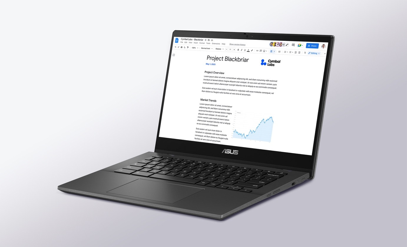 Vue frontale inclinée d'un ASUS Chromebook CM14 Flip en mode ordinateur portable avec Google Doc à l'écran. 