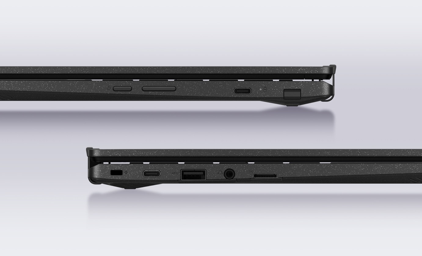  Kaksi sivultapäin kuvattua suljettua ASUS Chromebook CM14 Flip -kannettavaa allekkain. Ylemmästä laitteesta näkyy oikea sivu ja alemmasta vasen. 