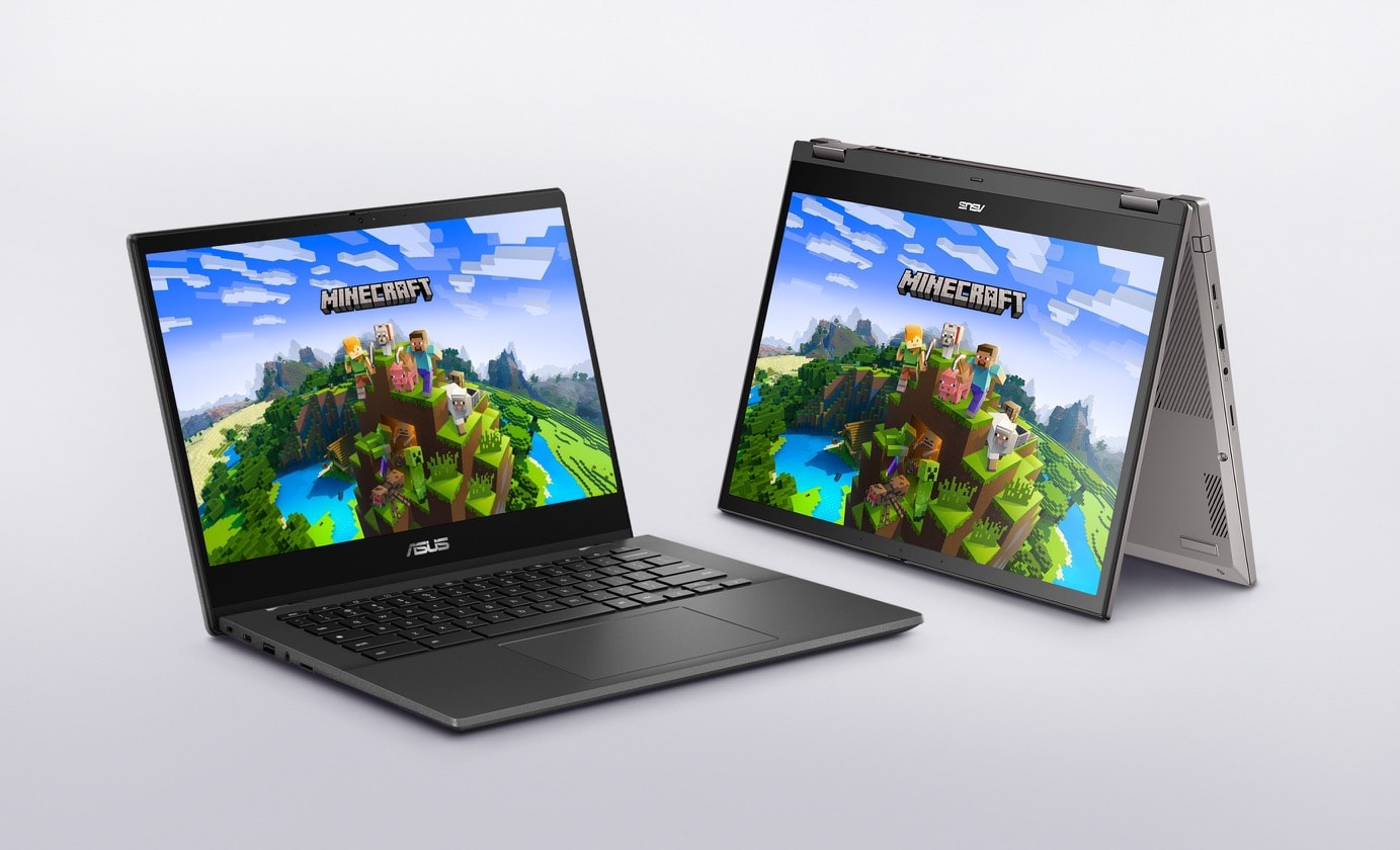 ASUS Chromebook CM34 Flip ja ASUS Chromebook CM14, joista toinen on telttatilassa ja toinen läppäritilassa. Kummankin laitteen näytöllä näkyy kuva Minecraft-pelistä. 