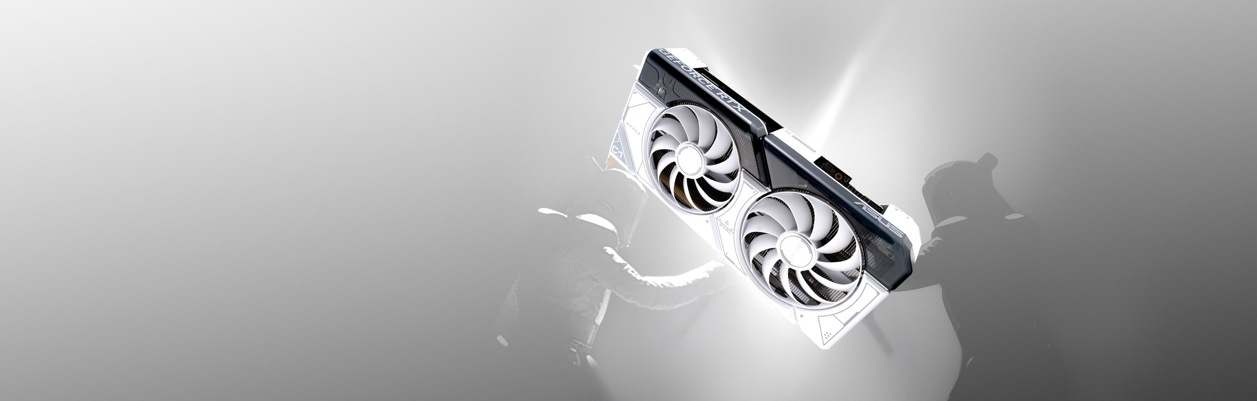 Front view of the ASUS Dual GeForce RTX™ 4070 SUPER White Edition graphics card with two men fighting in the background.  
