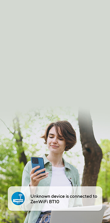 A woman outdoors looking at her smartphone with a notification about an unknown device connected to her router.