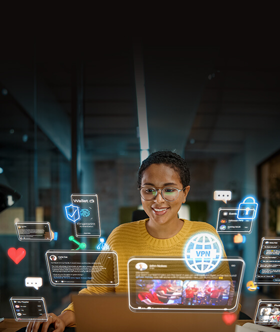 A woman working on a laptop surrounded by floating icons of VPN, security, and online interactions.