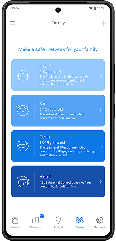 Family preset profiles by age level, including Pre-K, 6-12 year-old Kid, Teen, and Adult.