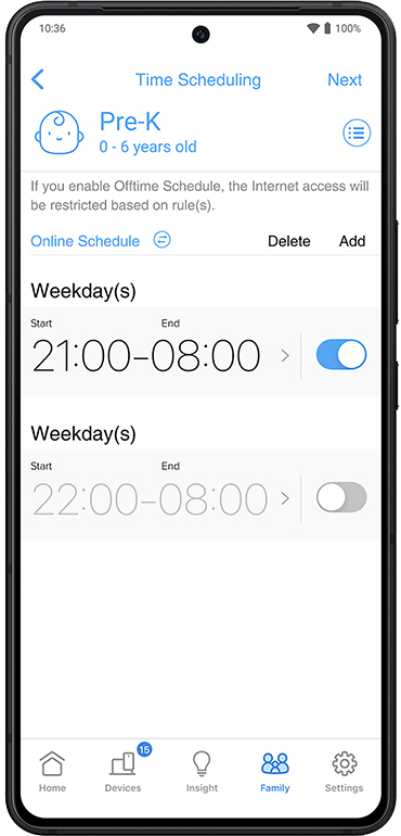 Time scheduling interface for a Pre-K kid, with options to choose weekday and weekend online schedules.