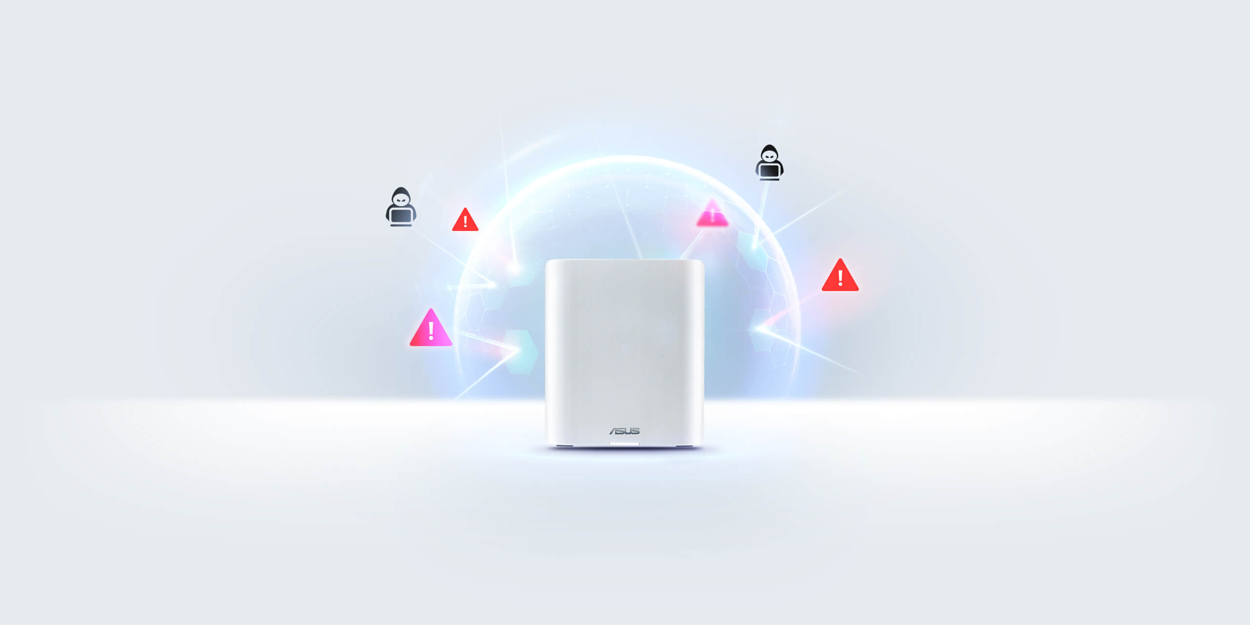 ASUS ZenWiFi BT10 with a digital shield surrounding it, protecting against various online threats.