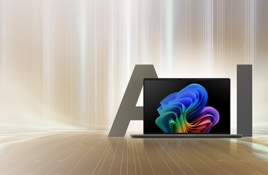 A wide open laptop in front angle, showing a colorful blossom Copilot in Windows wallpaper on the screen, with big text of “AI” on background.
