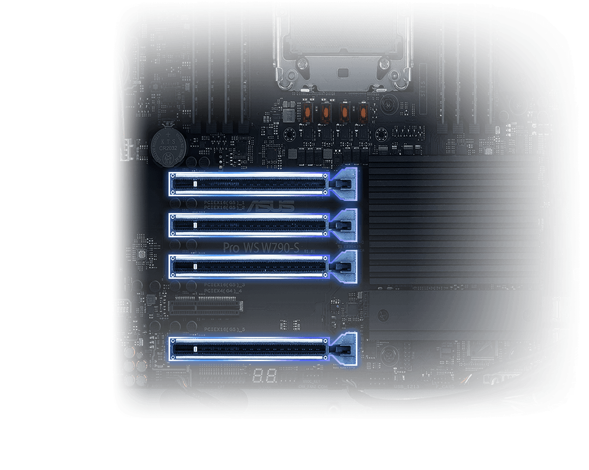 工作站主機板的特寫，以藍色強調四個 PCIe 插槽。