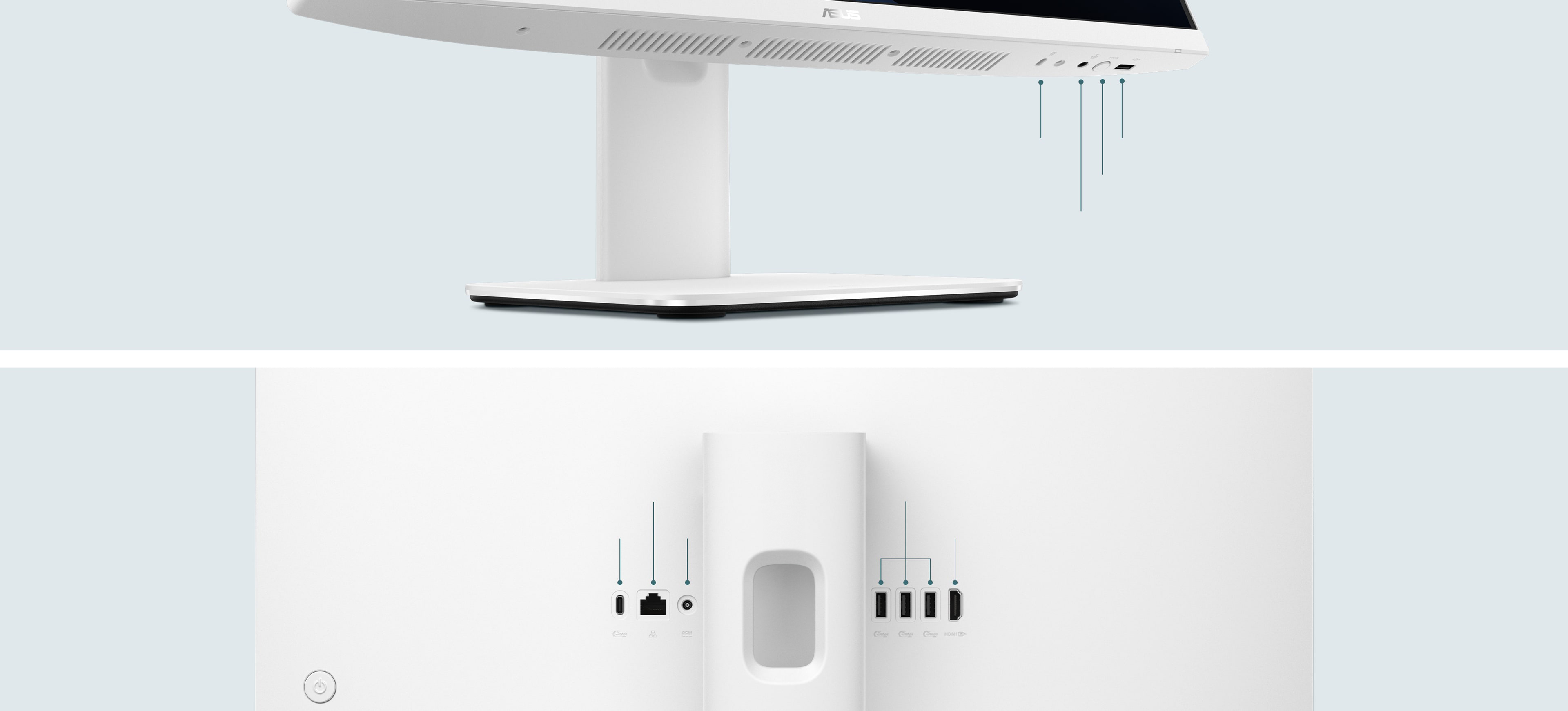 Two close-ups of ASUS V400 AiO. From top to bottom, these show: the screen tilted upward to reveal the I/O port on the side; and the I/O port on the back.