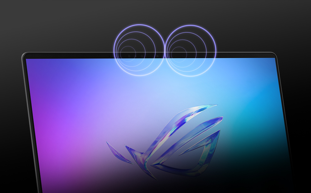 The lid of a Zephyrus G14 with the ROG Fearless Eye logo on screen, and two simulated pickup patterns for the microphone illustrated on the top screen bezel.