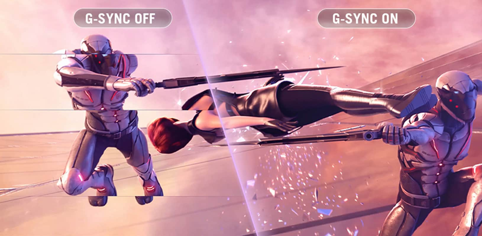 A game image split in half, with emphasis on the motion clarity when G-SYNC is enabled.