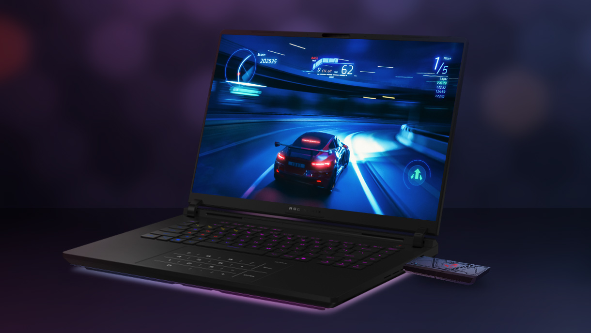 A laptop with the ROG USB-BE92 plugging in is streaming a racing game with vibrant graphics, emphasizing smooth, buffer-free entertainment even on multiple devices.