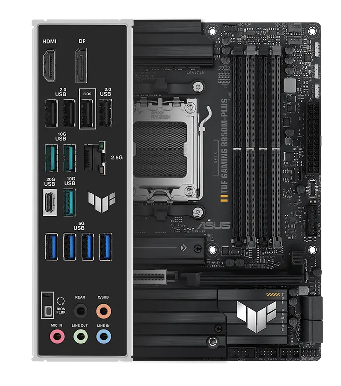 TUF Gaming motherboard front view, with Aura lighting, and I/O shield