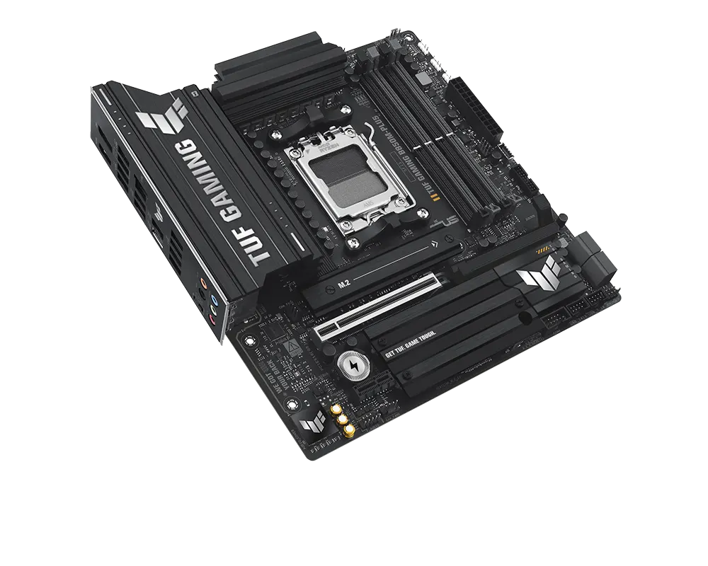 TUF Gaming motherboard front view, 45 degrees