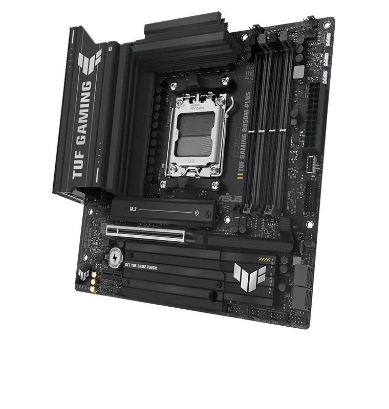 TUF Gaming motherboard front view, 60 degrees, with Aura lighting