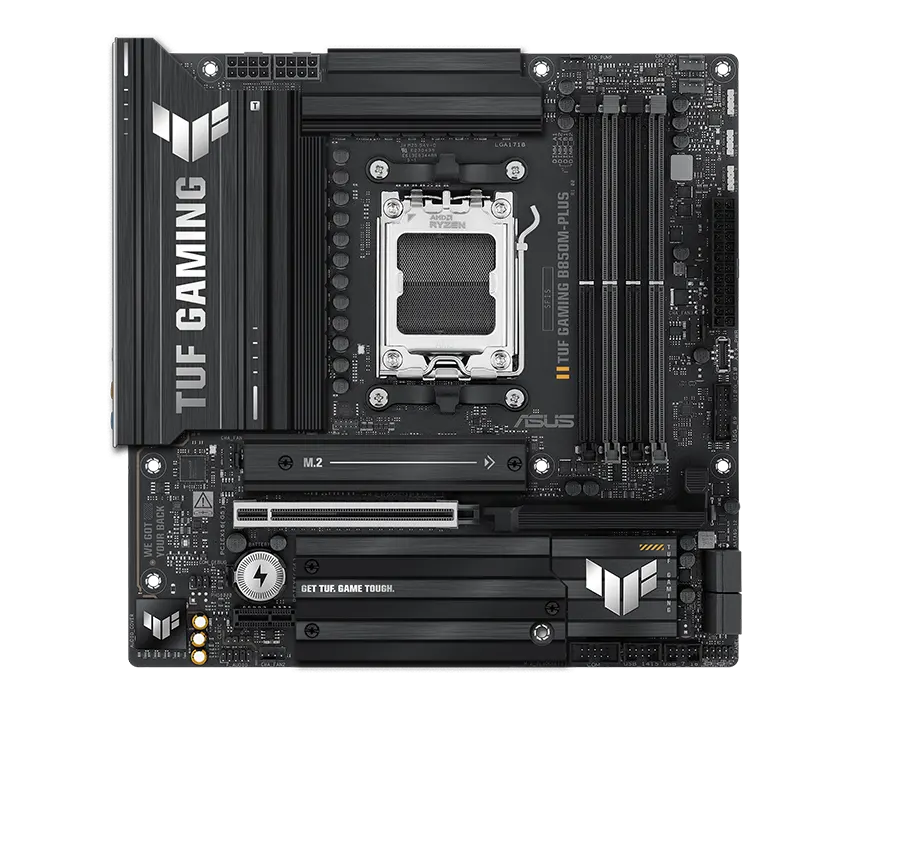 TUF Gaming motherboard front view, with Aura lighting