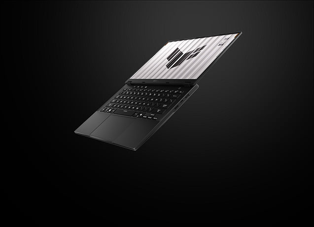 Ekranında TUF Gaming logosu bulunan TUF Gaming A14, menteşe çalıştırma aralığını vurgulamak için 180°'ye kadar tamamen katlanmış.