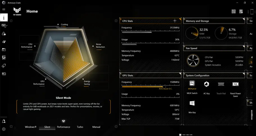 Armoury Crate 控制軟體的 TUF Gaming 背景螢幕截圖。