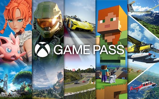 一張拼貼圖片，上面有 Palworld、Halo、Forza、Minecraft 和 Microsoft Flight Simulator，以及「Xbox Game Pass」字樣。
