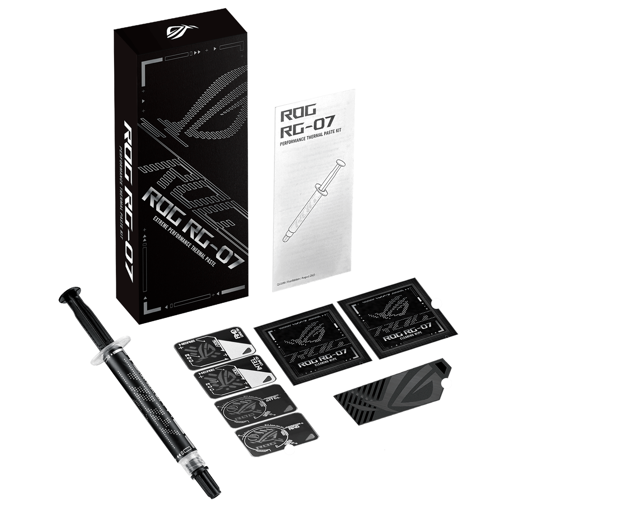 Le contenu complet du kit de pâte thermique ROG RG-07 Performance.