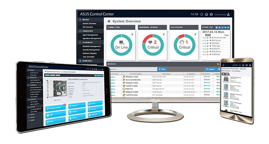 A tablet, a monitor, and a smartphone, all displaying the ASUS Control Center interface.