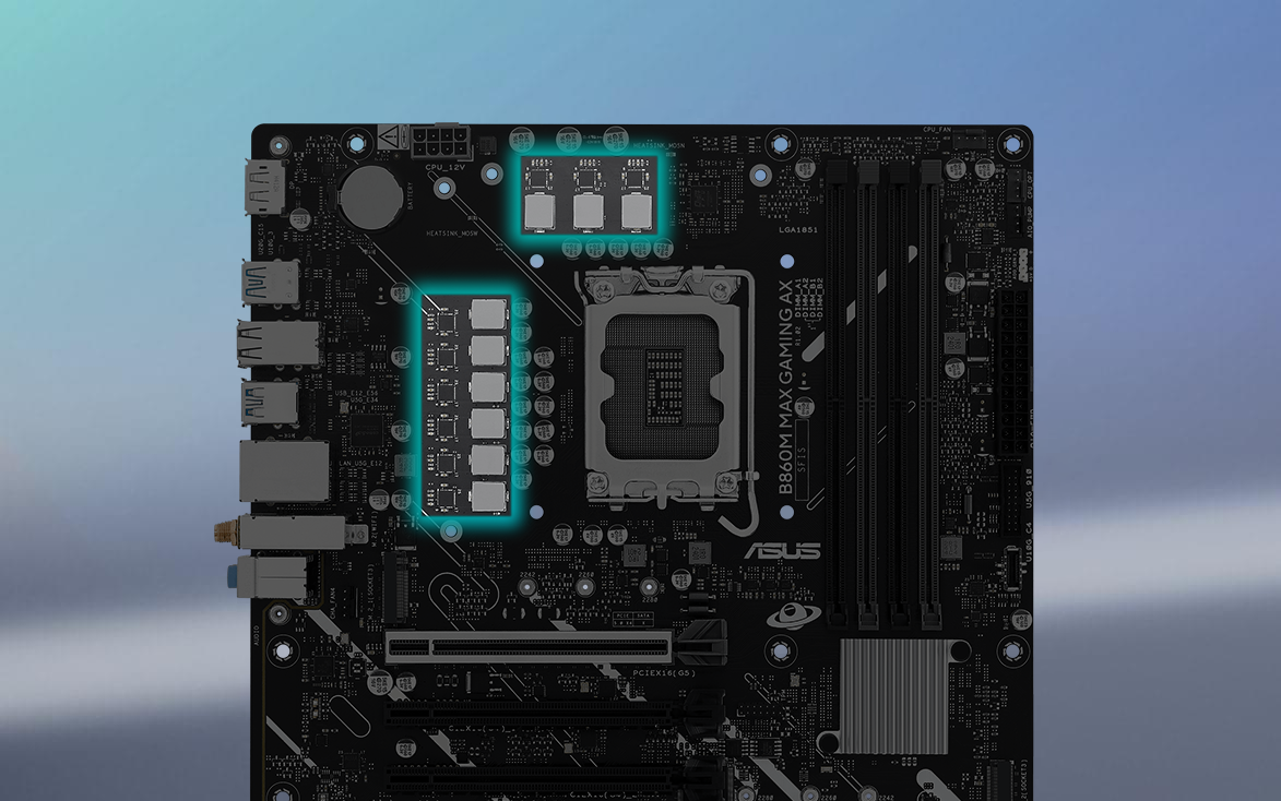 Angled top-down view of B860M MAX GAMING AX motherboard.