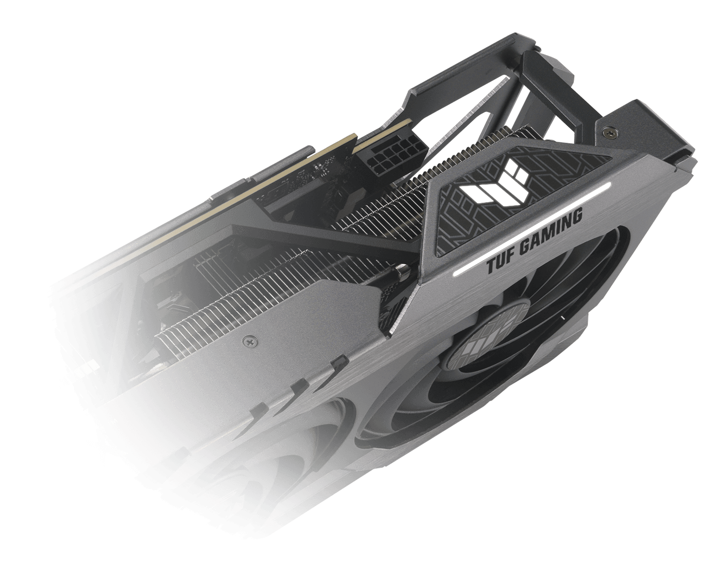 Angled view of the ASUS TUF Gaming GeForce RTX 4070 Ti SUPER graphics card, highlighting the ARGB element