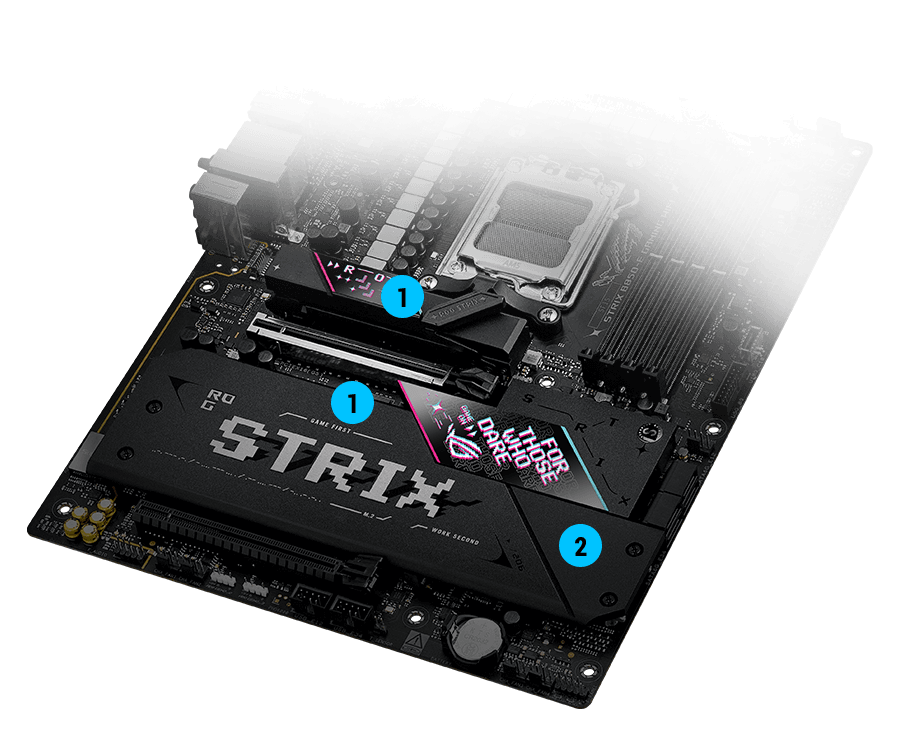 Strix B850-E M.2-koellichamen en achterplaat lay-out