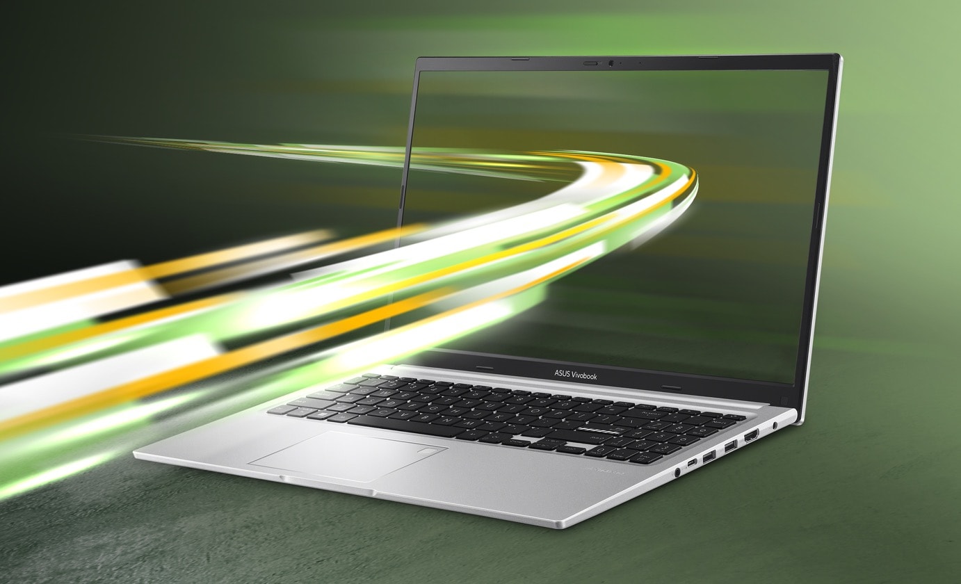 Laptop Vivobook 15 z pokrywą otwartą pod kątem 45 stopni pokazany od przodu z grafiką z dynamicznie rozchodzącymi się promieniami światła.  
