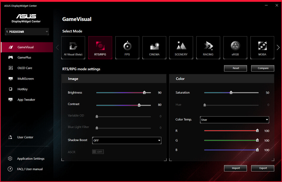Screenshot of the new ASUS DisplayWidget Center UI showing system settings, OLED functions, and more.