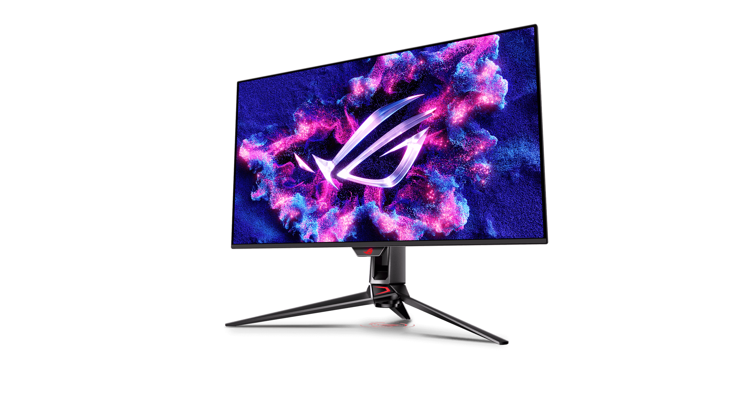 The ROG Swift OLED PG32UCDMR gaming monitor against a dark backdrop, with a spotlight shining down on it