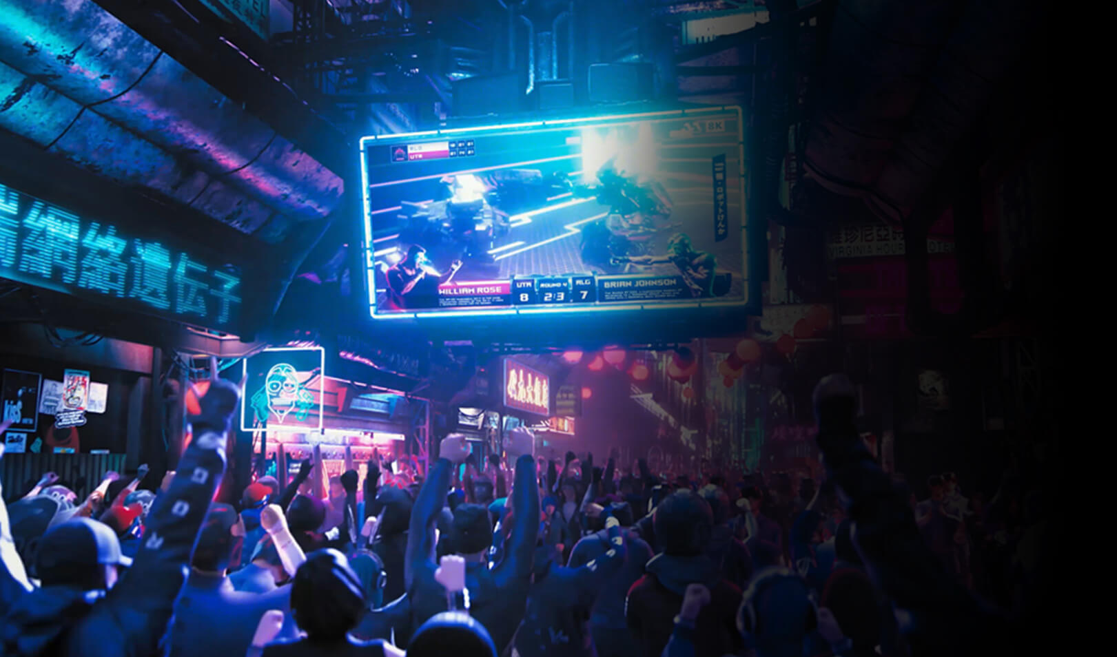 “A crowd watching a live broadcast of a battle