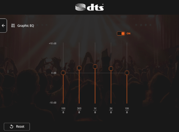 Uživatelské rozhraní vlastního režimu DTS Audio Processing.