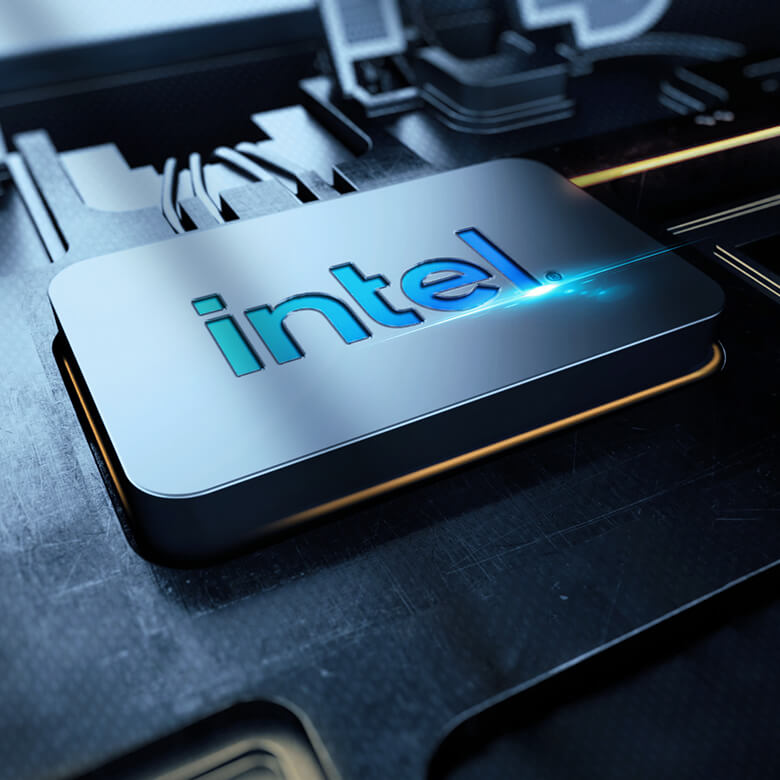 CPU 的簡化 3D 渲染圖，上方印有藍色字樣「Intel」。